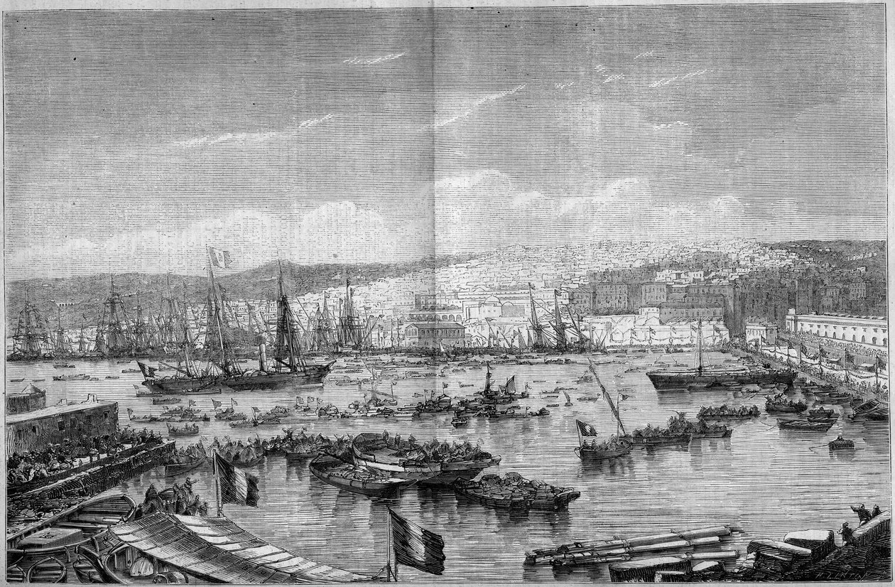 Ansicht der Stadt und des Hafens von Algier (Algerien) während der Ankunft von Napoleon III. und der Kaiserin Eugenie de Montijo am 17. September von French School