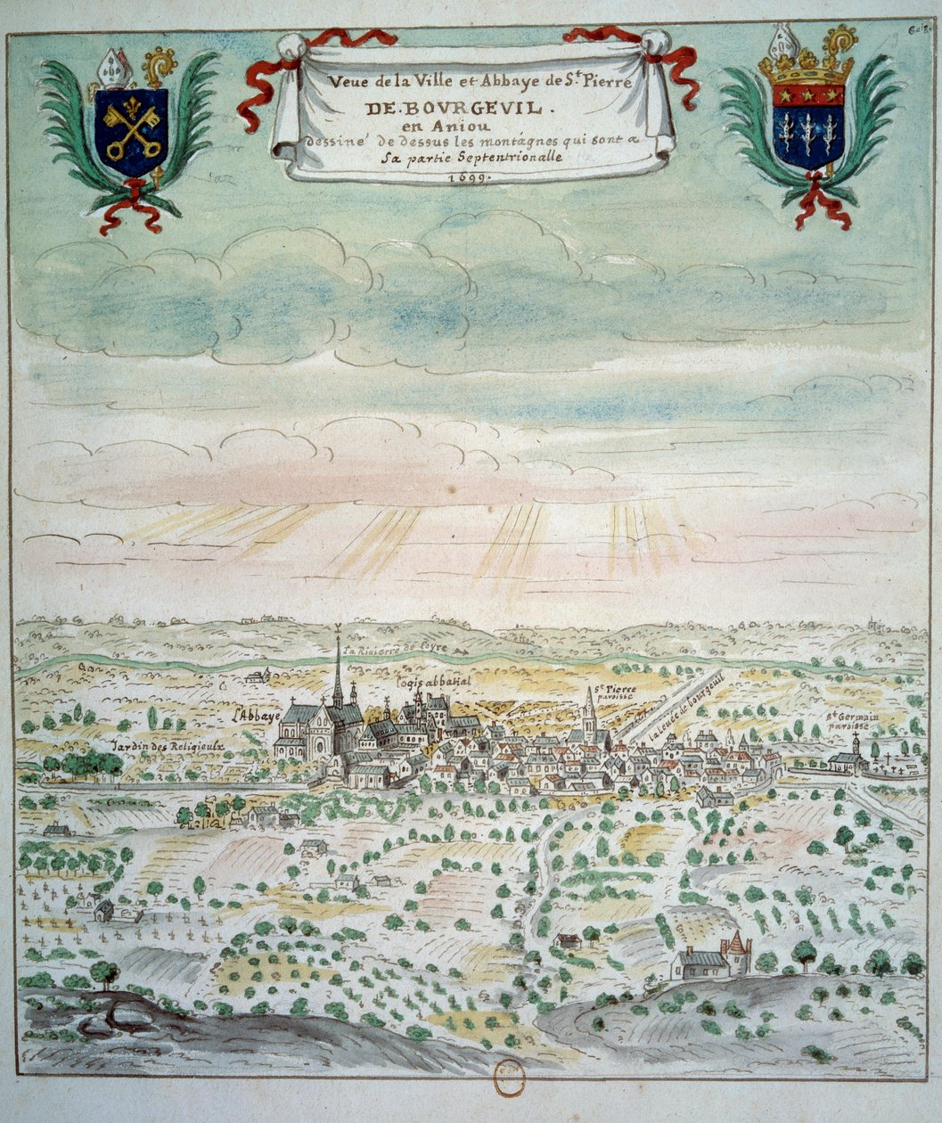 Ansicht der Stadt und der Abtei von Saint Pierre de Bourgueil von French School