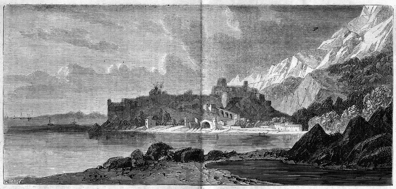 Ansicht der Stadt Monaco im Jahr 1860. Gravur in „Die illustrierte Welt“ Nr. 157 vom 14. April 1860 von French School