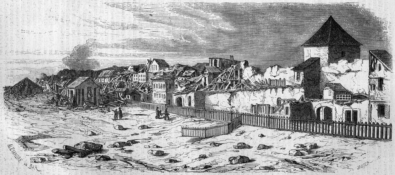Ansicht des Stadtteils Kastrich in Mainz (Deutschland) nach der Explosion des Pulverfasses im Jahr 1857. Nach einer Fotografie. Gravur in „Le Monde Illustré“ Nr. 36 vom 19. Dezember 1857. von French School
