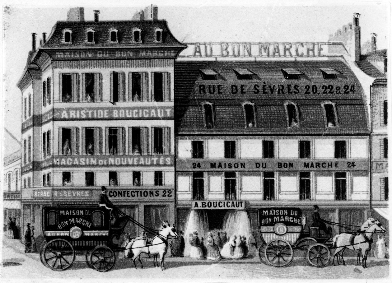 Ansicht des Äußeren der Bon Marché Geschäfte, Rue de Sèvres, Paris, ca. 1869 von French School
