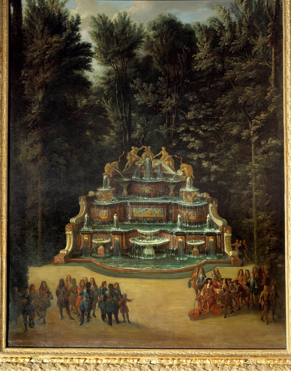 Ansicht des Brunnens des Wasserbuffets in den Gärten des Grand Trianon im Jahr 1713. Im Vordergrund: Ludwig XIV. bei der Promenade. Gemälde von Charles Chatelain. 18. Jahrhundert. Versailles, Schlösser von Versailles und Trianon von French School