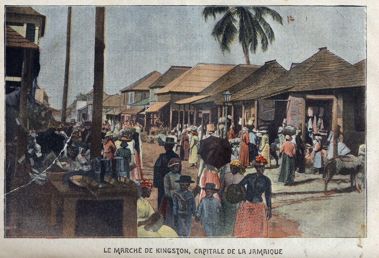 Ansicht des Marsches von Kingston, Hauptstadt von Jamaika. „La-Croix-Illustree“, 3. Februar von French School