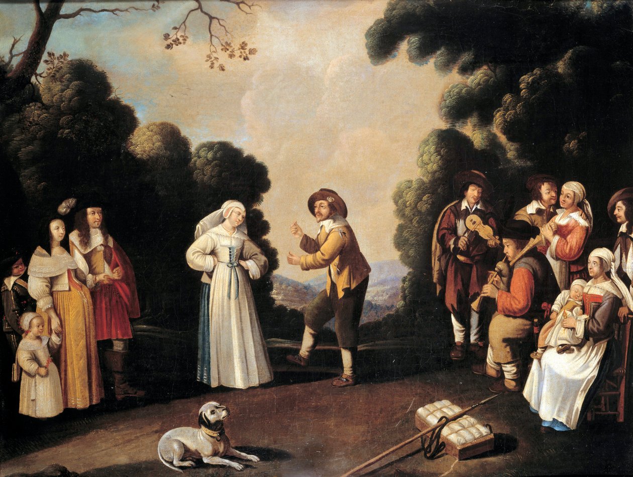 Dorftanzszene, wahrscheinlich bei einer Hochzeitsfeier, eine schwangere Frau links. Gemälde der französischen Schule. 17. Jahrhundert. Avignon, Musée Calvet von French School