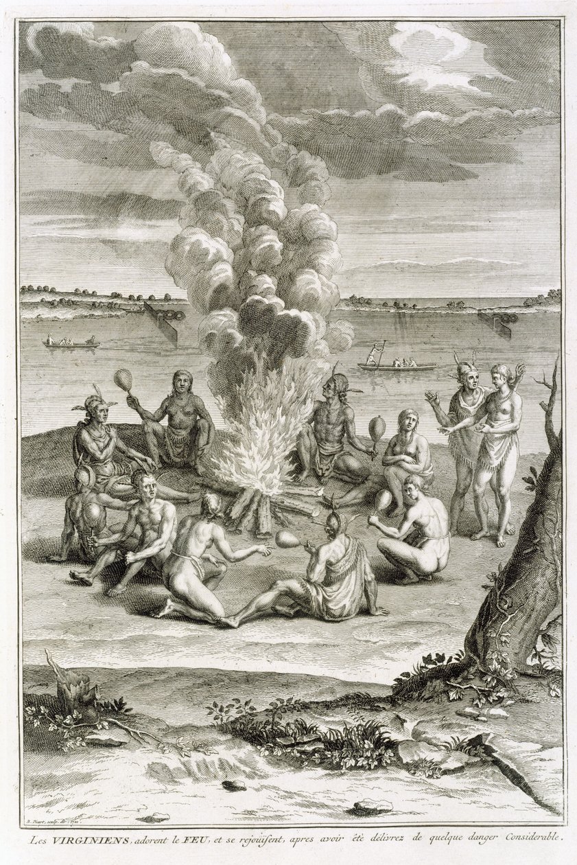 Virginier, die Feuer anbeten und sich freuen, aus erheblicher Gefahr befreit worden zu sein, Illustration aus Religiöse Zeremonien und Bräuche, graviert von Bernard Picart (1673-1733) 1721 von French School