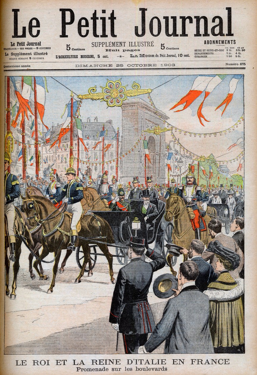 Besuch des Königs und der Königin von Italien in Frankreich. Der König und die Königin von Italien in Frankreich. Spaziergang auf den Boulevards mit dem Präsidenten der Französischen Republik Emile Loubet - Illustration für Le Petit Journal, 25. Oktober 19 von French School