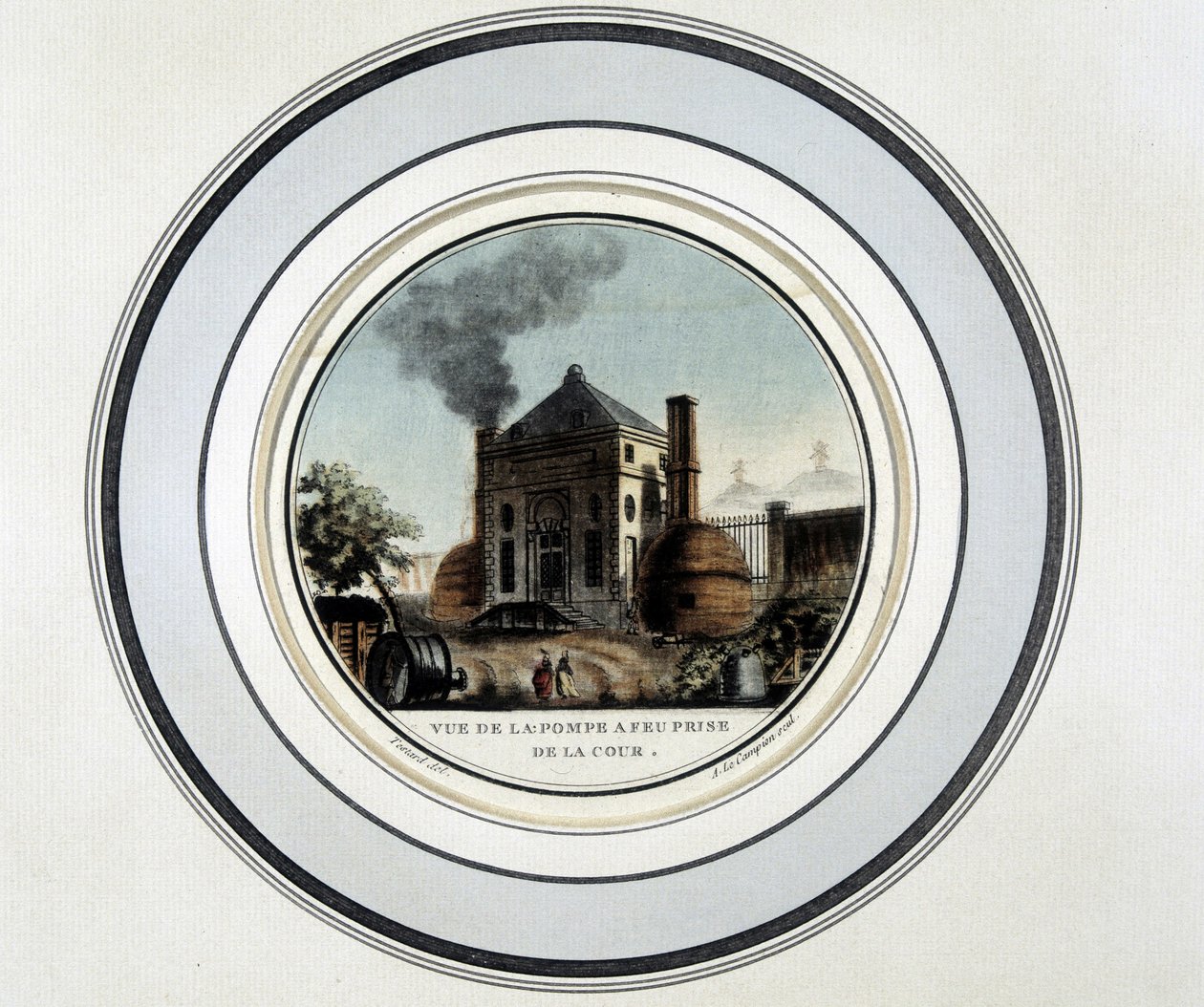 Ansicht der Feuerpumpe vom Hof aus - Lithografie in „Picturesque views of the main buildings of Paris“ von Sergeant von French School