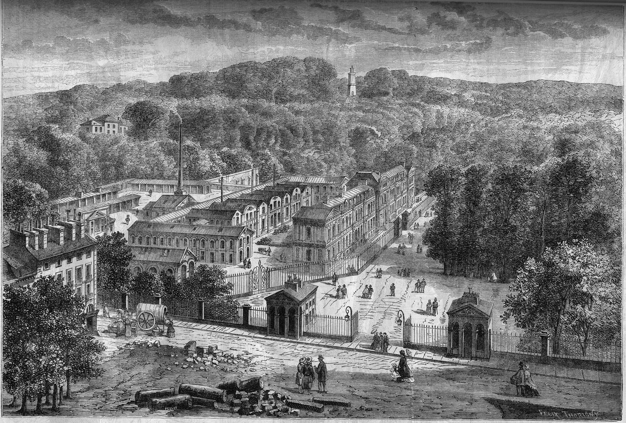 Vue exterieure de la manufacture imperiale de porcelaine de Sevres, gebaut im Park von Saint Cloud nach den Plänen des Architekten Laudin von French School