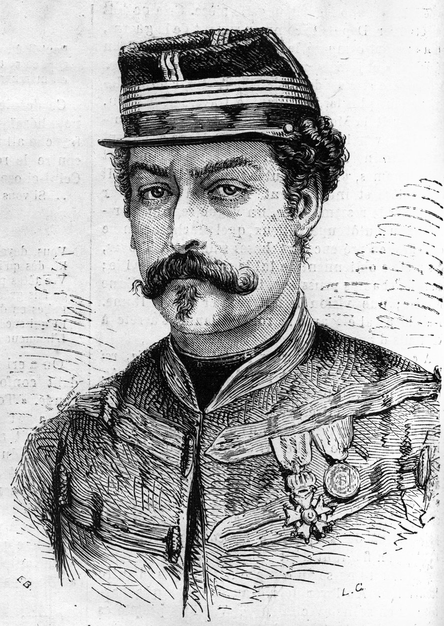 Porträt von Leon Franchetti (1834-1870), französischer Soldat, Kommandant der Scouts der Seine. Gravur in „Le Monde Illustré“ Nr. 714 vom 17. Dezember 1870. von French School