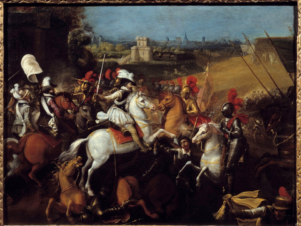 Religionskrieg: „König Heinrich IV. (1533-1610) in der Schlacht von Arques am 21. September“ von French School