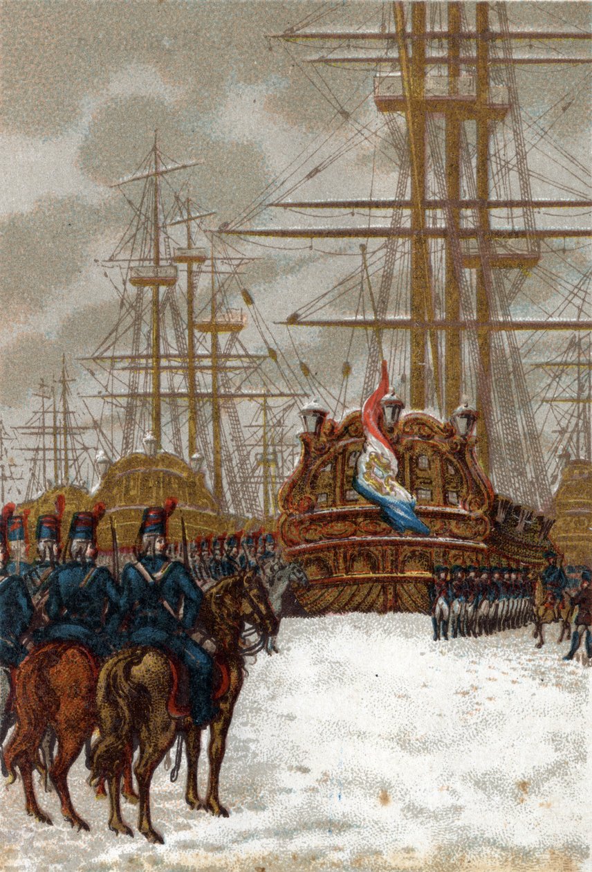 Kriege der Französischen Revolution: Eroberung der niederländischen Flotte bei Helder in Holland (Ende Dezember 1794 - Anfang Januar 1795): Die Flotte wurde von der Kavallerie von General Pichegru erobert, während das Eis jede Bewegung der Schiffe verhinde von French School