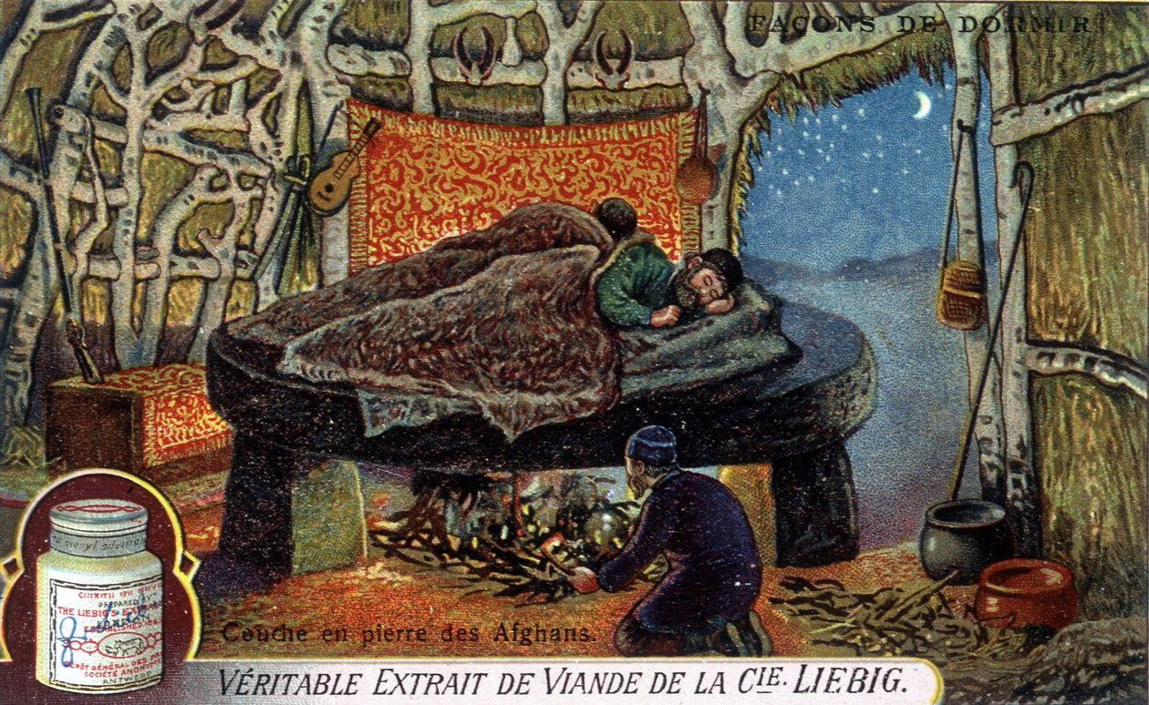 Schlafweisen: Afghanen-Steinlage. Liebig-Verpackung Chromolithographie von French School