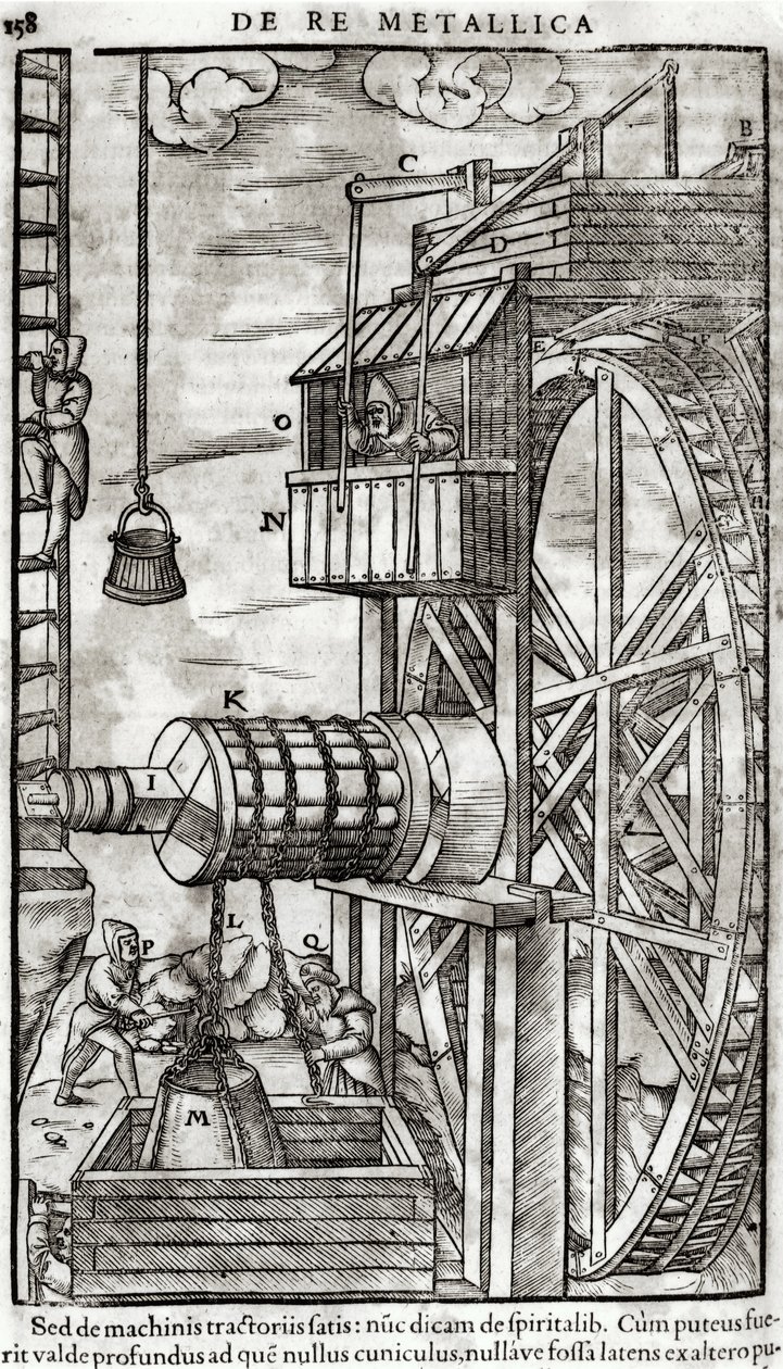 Winde zum Wasserholen aus einer Mine, Illustration aus De Re Metallica von Georg Bauer, bekannt als Agricola, 1561 von French School