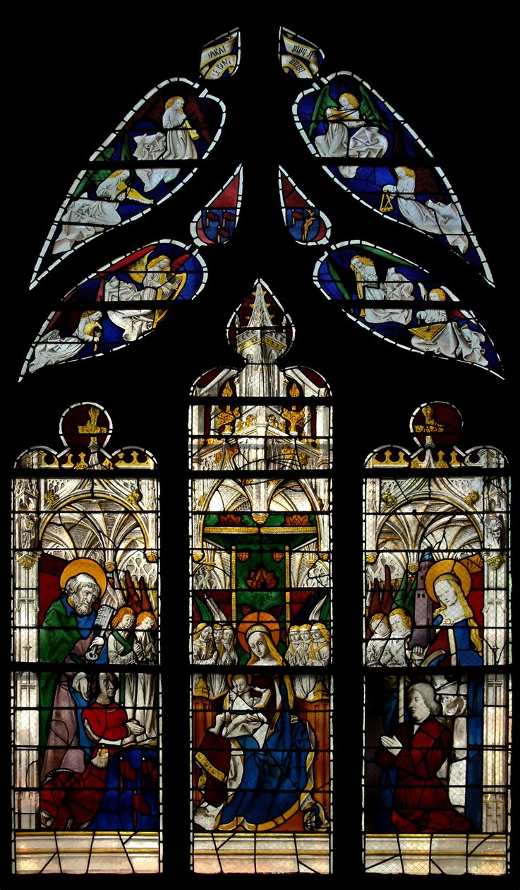 Fenster E3 mit der thronenden Jungfrau und dem Kind: auch die Stifter mit ihren Schutzheiligen (St. Peter und St. Barbara) von French School