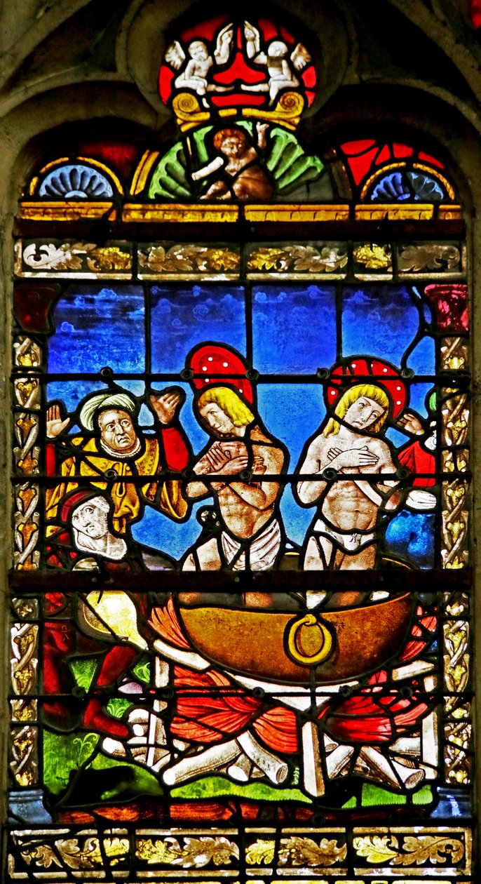 Fenster mit den Heiligen Crispin und Crispinian: das Martyrium (Buntglas) von French School