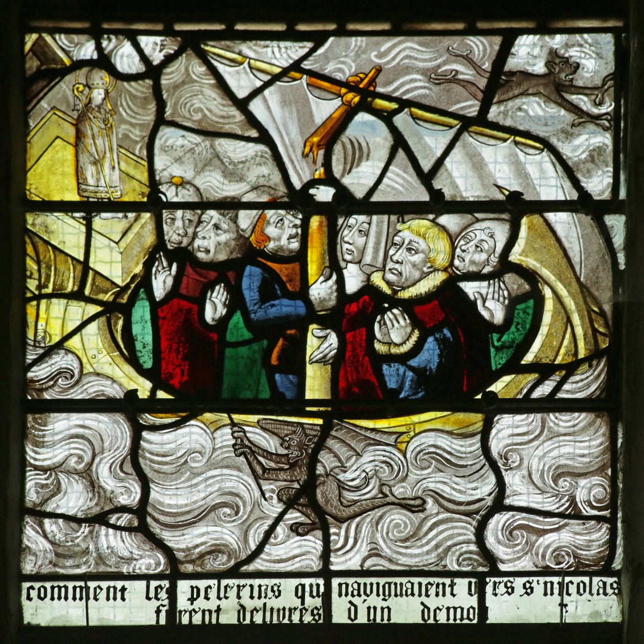 Fenster mit dem Heiligen Nikolaus, der Pilger vor einem Schiffbruch rettet von French School