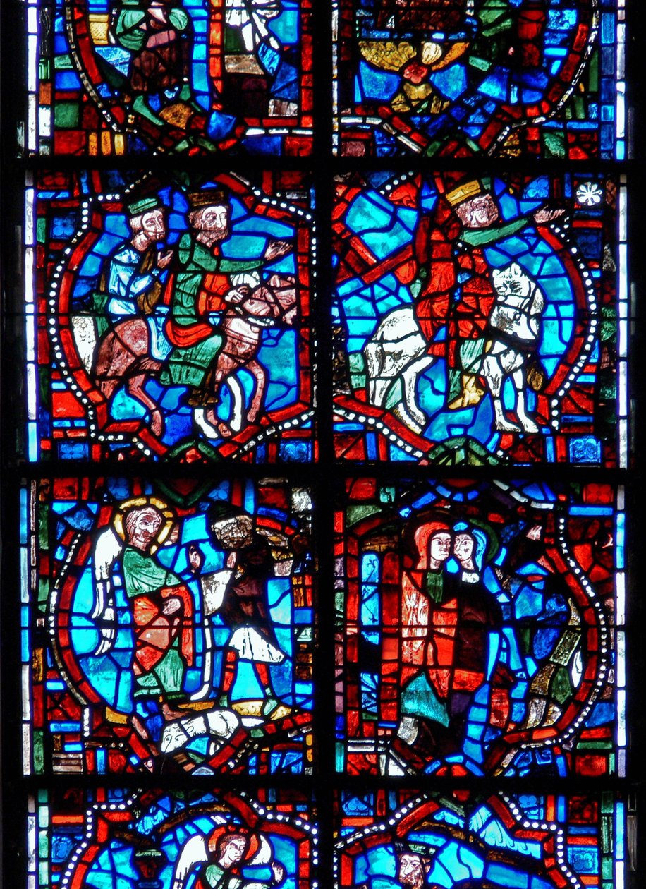 Fenster, das Szenen aus der Kindheit Christi darstellt, einschließlich der Magier, die dem Stern folgen, der Verkündigung an die Hirten und der Heimsuchung von French School
