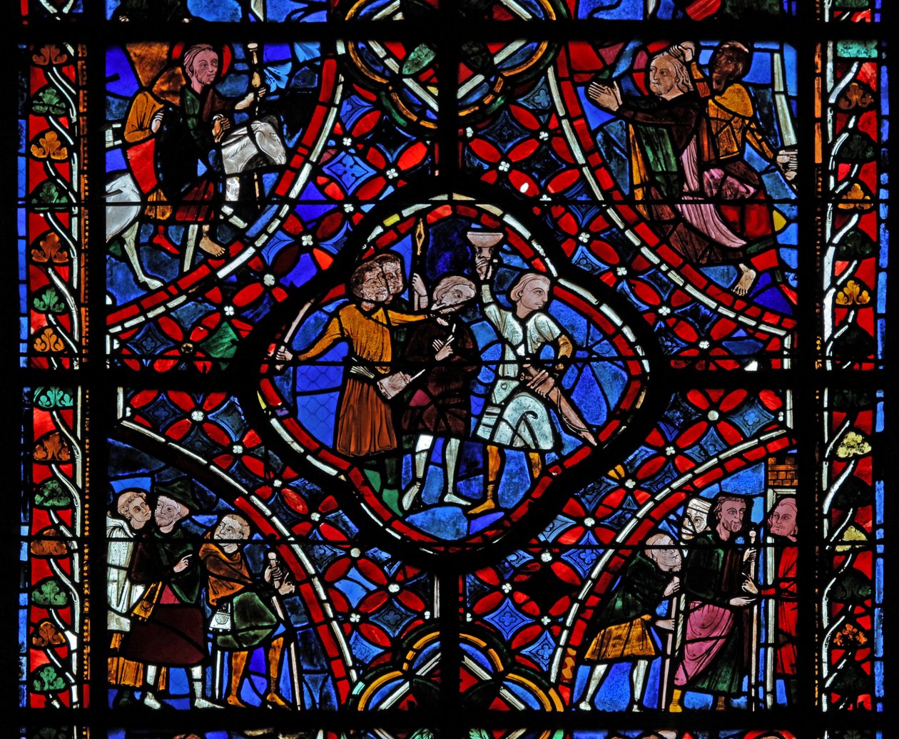 Fenster, Darstellung des vierten Abschnitts des Heiligen Jakobus-Fensters, w5: Eine Gruppe von Pilgern; Eine Szene aus der Legende des versteckten Bechers; das Martyrium des Heiligen von French School