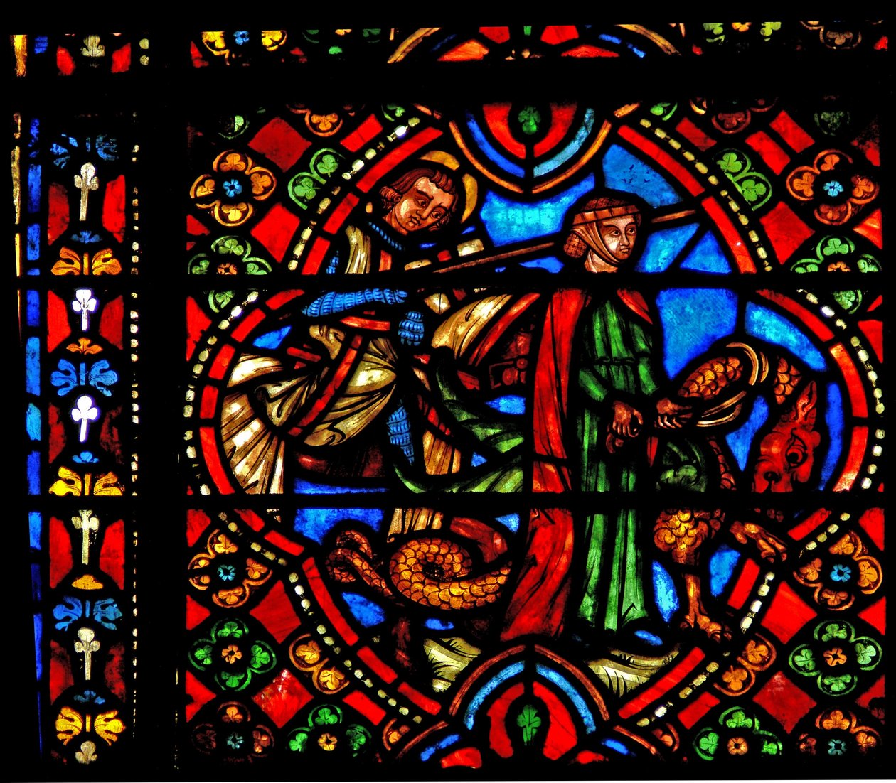 Fenster n3, Szenen aus dem Leben des heiligen Georg darstellend; der Drache wird gezähmt von French School