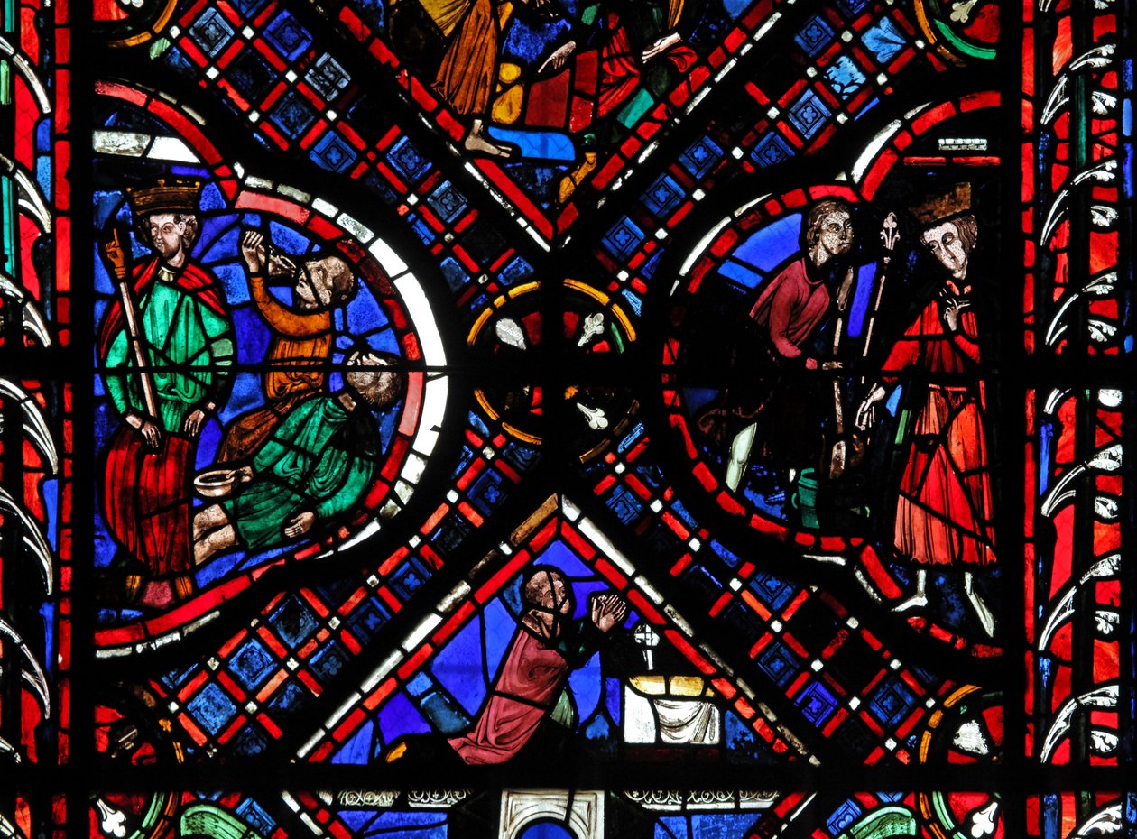 Fenster w03, Darstellung von Szenen aus der Legende des Heiligen Johannes, einschließlich des Heiligen und des vergifteten Bechers von French School