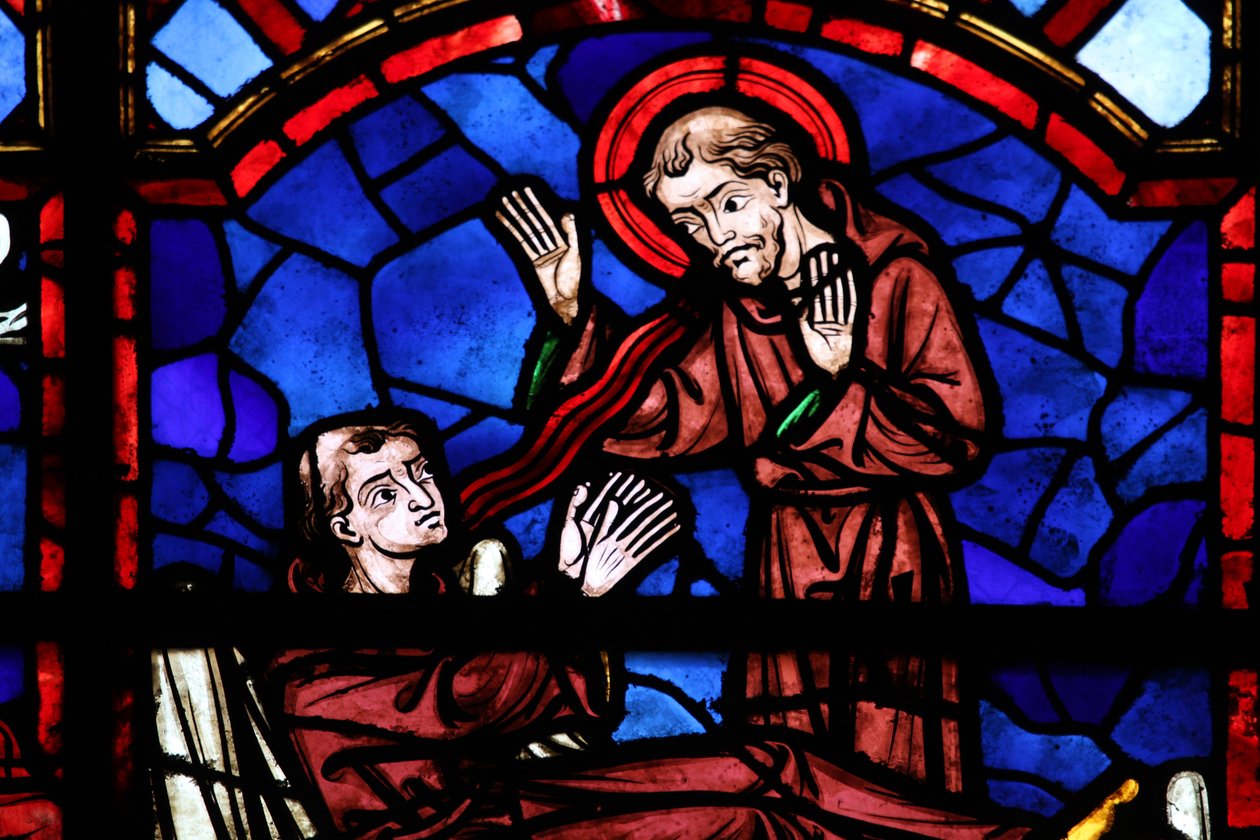 Fenster w04, Darstellung eines heiligen Mönchs erscheint dem Heiligen Martin von French School