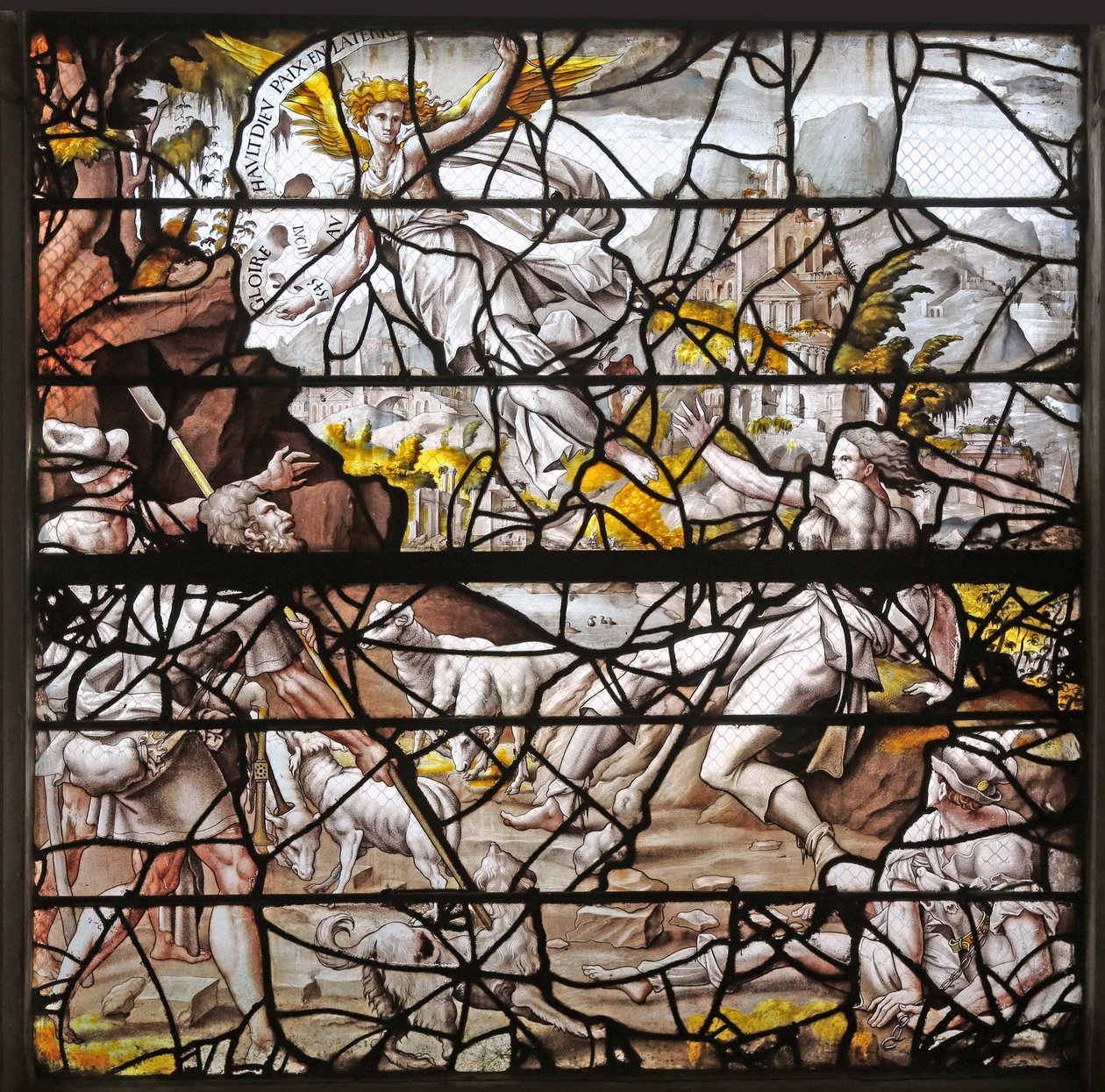 Fenster w10, Die Verkündigung an die Hirten: Entwürfe von Dürer und Anpassungen der Entwürfe des Meisters von Des für die Geschichte von Psyche von French School