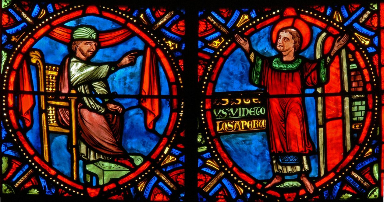 Fenster w10 Darstellung des Hohepriesters, der versucht, den Heiligen Stephanus vom Predigen abzuhalten (modern) von French School