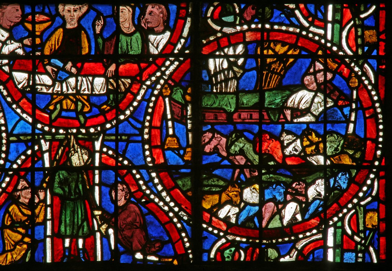 Fenster Nr. 11-L, Darstellung einer Szene aus der Geschichte von Joseph: Der Pharao träumt von den 7 fetten und 7 mageren Kühen - symbolisiert gute und schlechte Jahre von French School