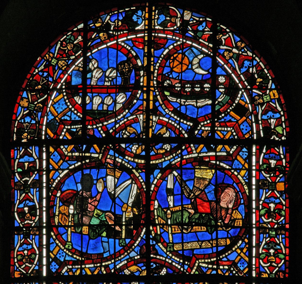Fenster Nr. 11-R, Darstellung von Josephs Traum von Sonne, Mond und Weizengarben, die sich vor seiner Garbe verneigen von French School