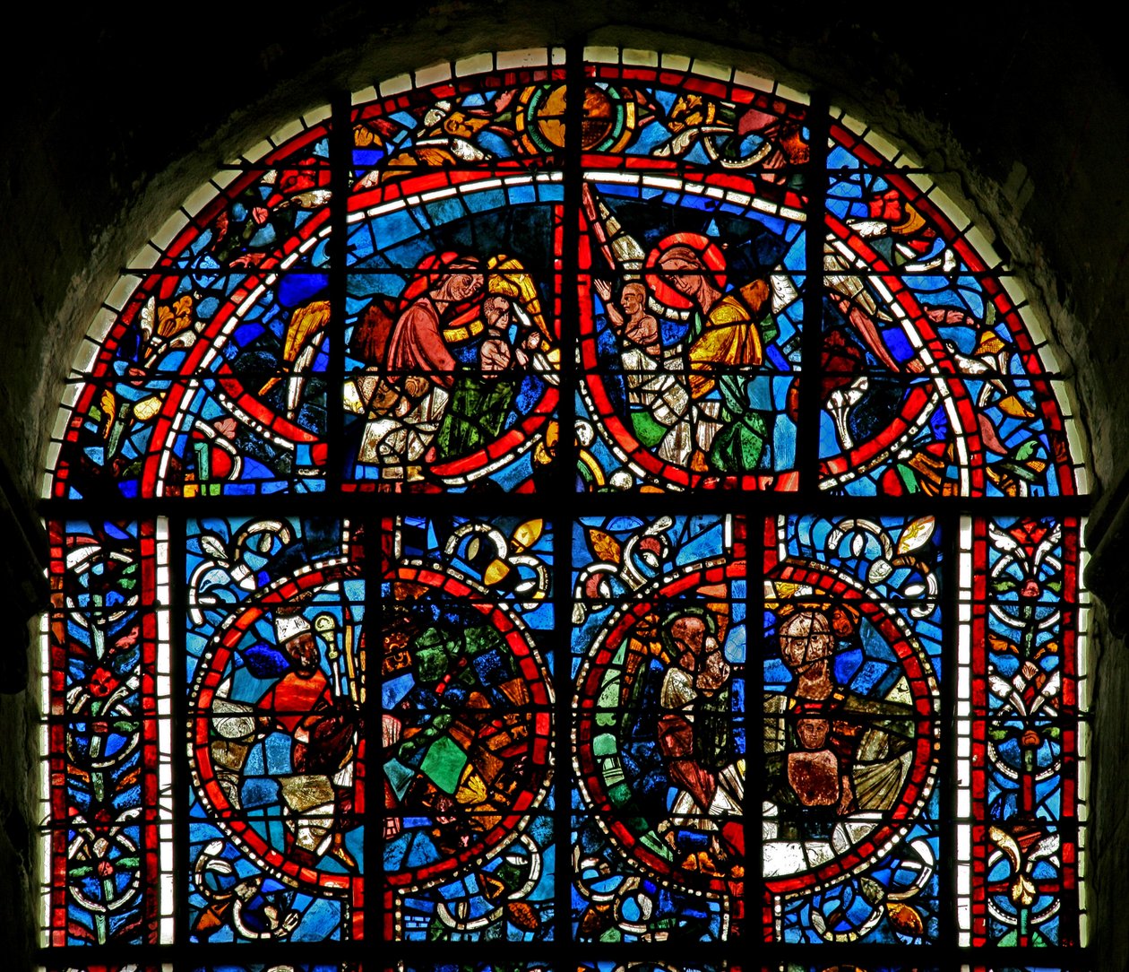 Fenster Nr. 12-L, Darstellung von Engeln tragen Seelen ins Paradies; fragmentarisches Panel - ein Bischof? der Schoß Abrahams von French School