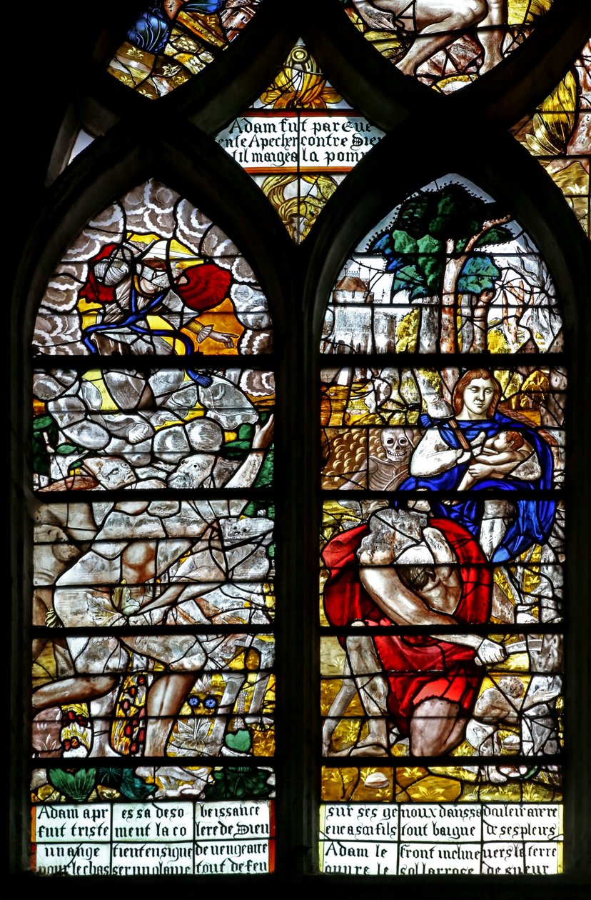 Fenster w122, Vertreibung von Adam und Eva aus Eden; Eva stillt; Adam arbeitet von French School