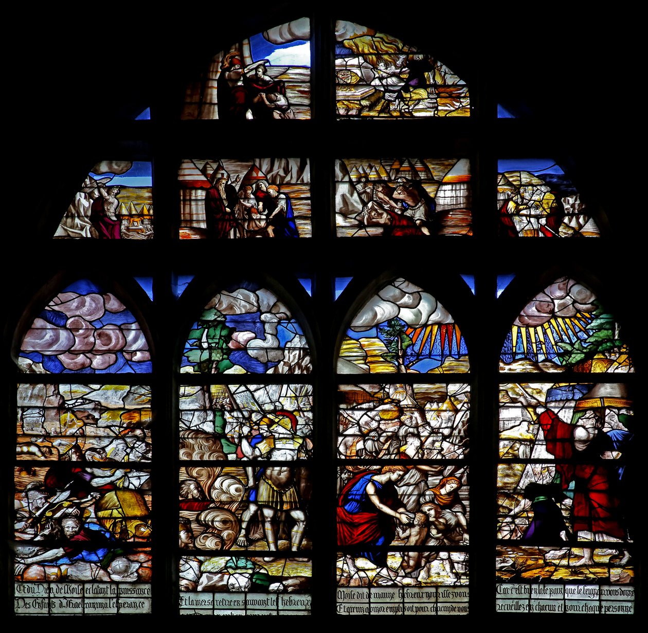 Fenster w128, Szenen aus der Geschichte von Moses; Durchzug durchs Rote Meer; Manna sammeln von French School