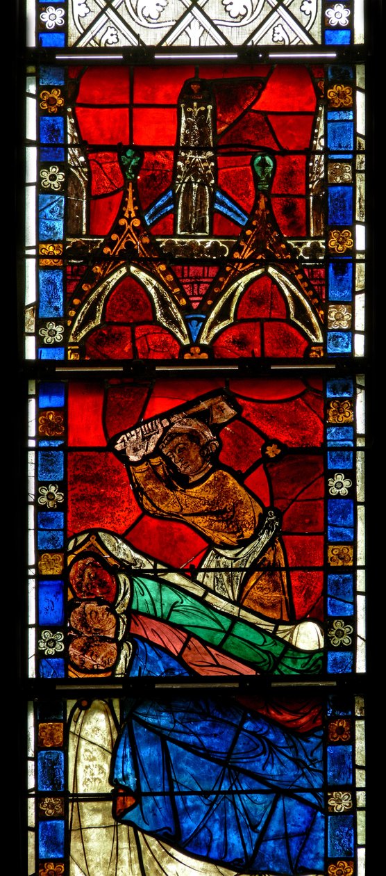 Fenster w15, das eine Szene aus einer Legende von St. Nikolaus darstellt: Das Wunder der 3 Jungen: Ein Metzger tötet drei Jungen von French School