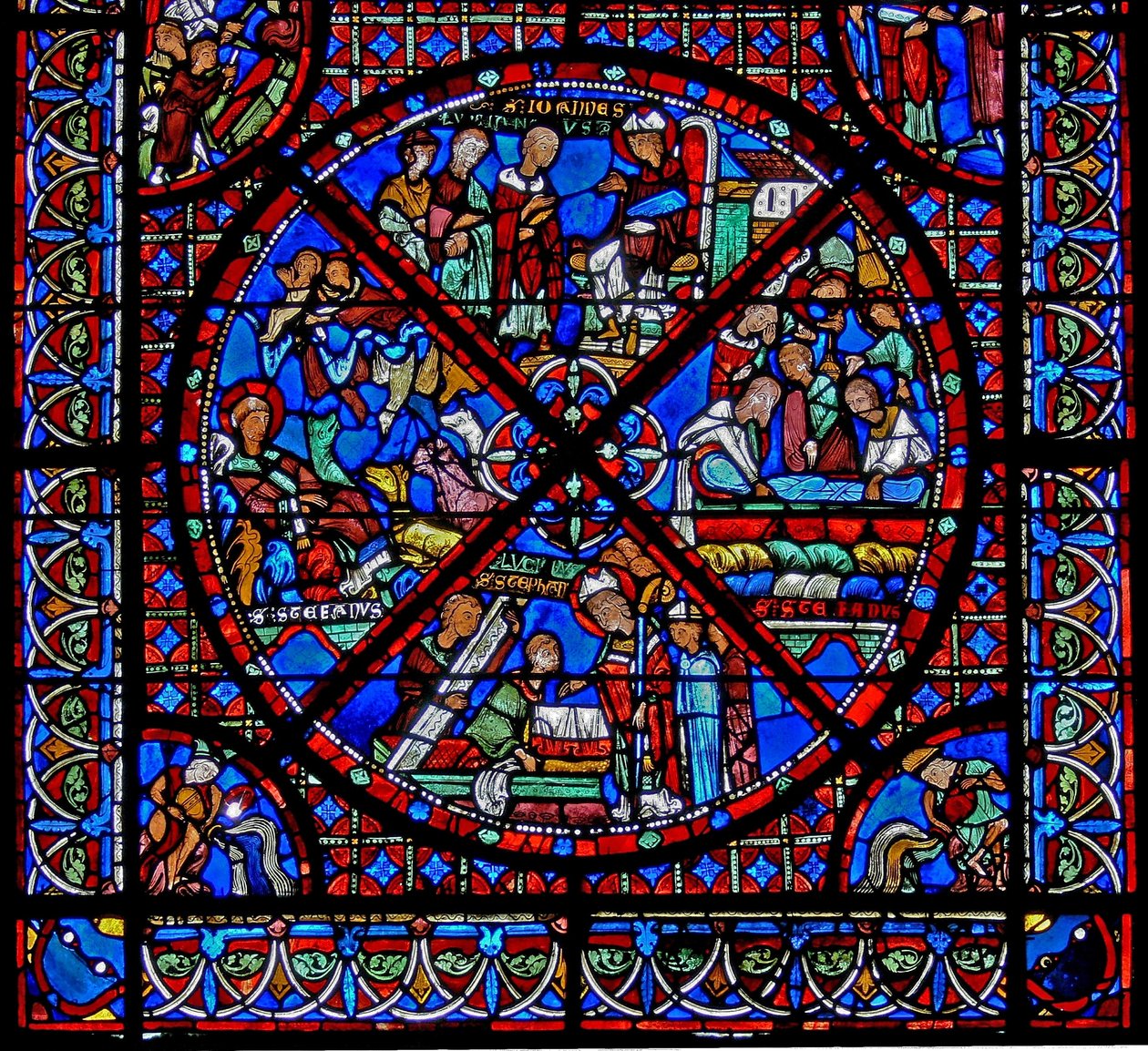 Fenster w15 Darstellung der Geschichte der Reliquien des Heiligen Stephanus: der untere Teil des Fensters von French School