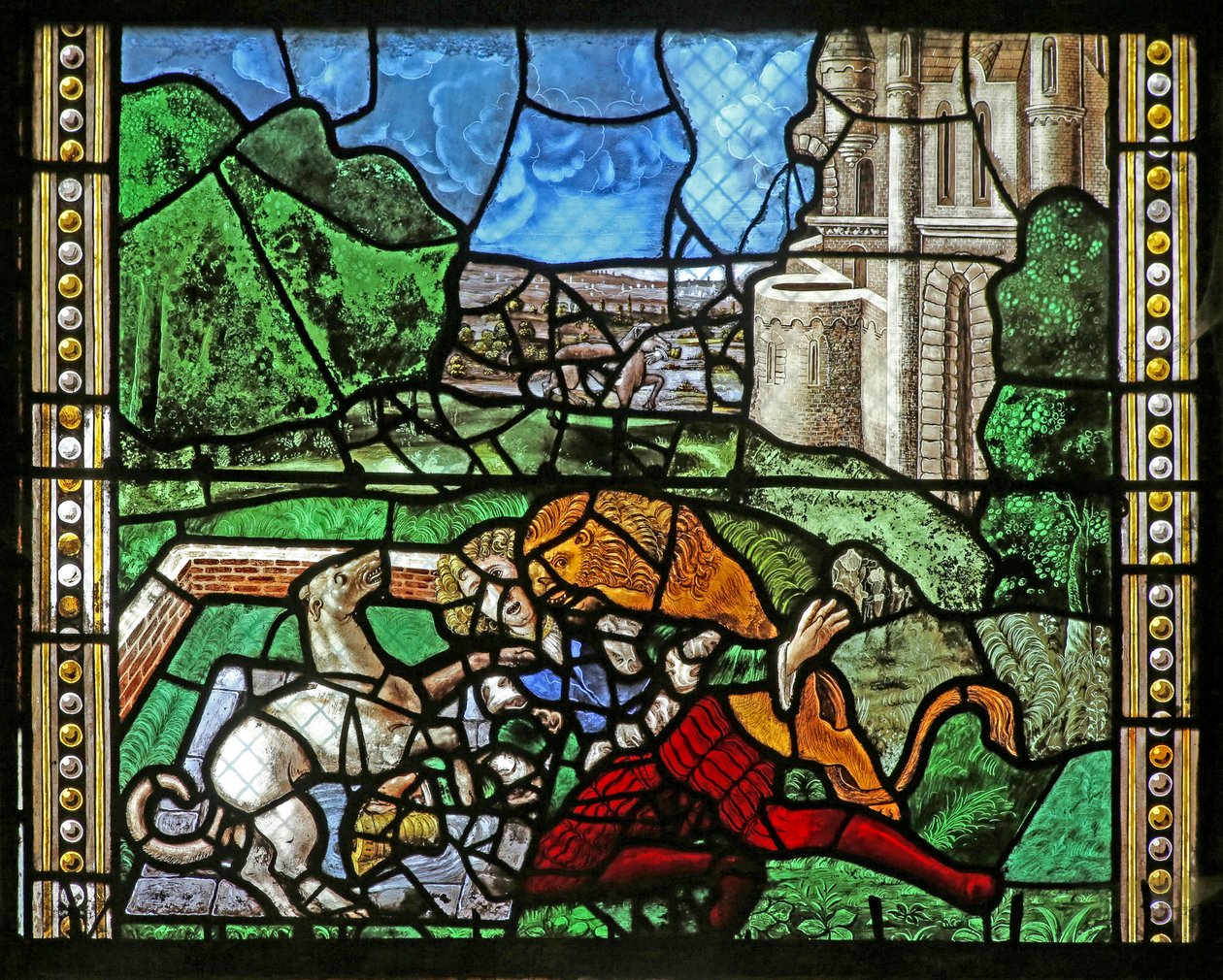 Fenster w16, Darstellung von St. Thomas in Indien wird zur Hochzeit von Pelagius eingeladen, wird von einem Diener geschlagen - der wiederum von einem Löwen gefressen wird. Ein Hund bringt den Arm des Dieners von French School