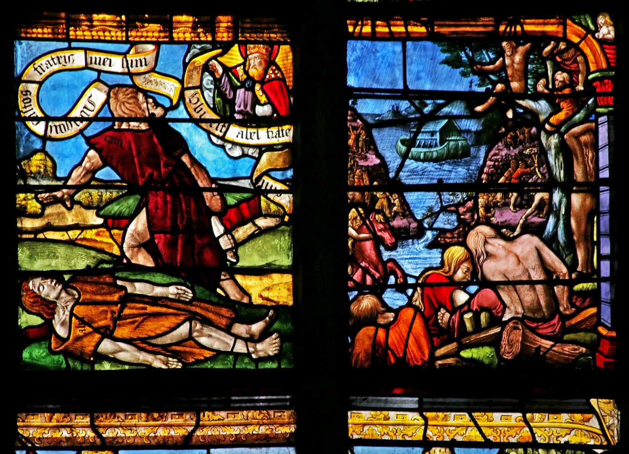 Fenster w1, Darstellung von Kain tötet Abel; Arche Noah von French School
