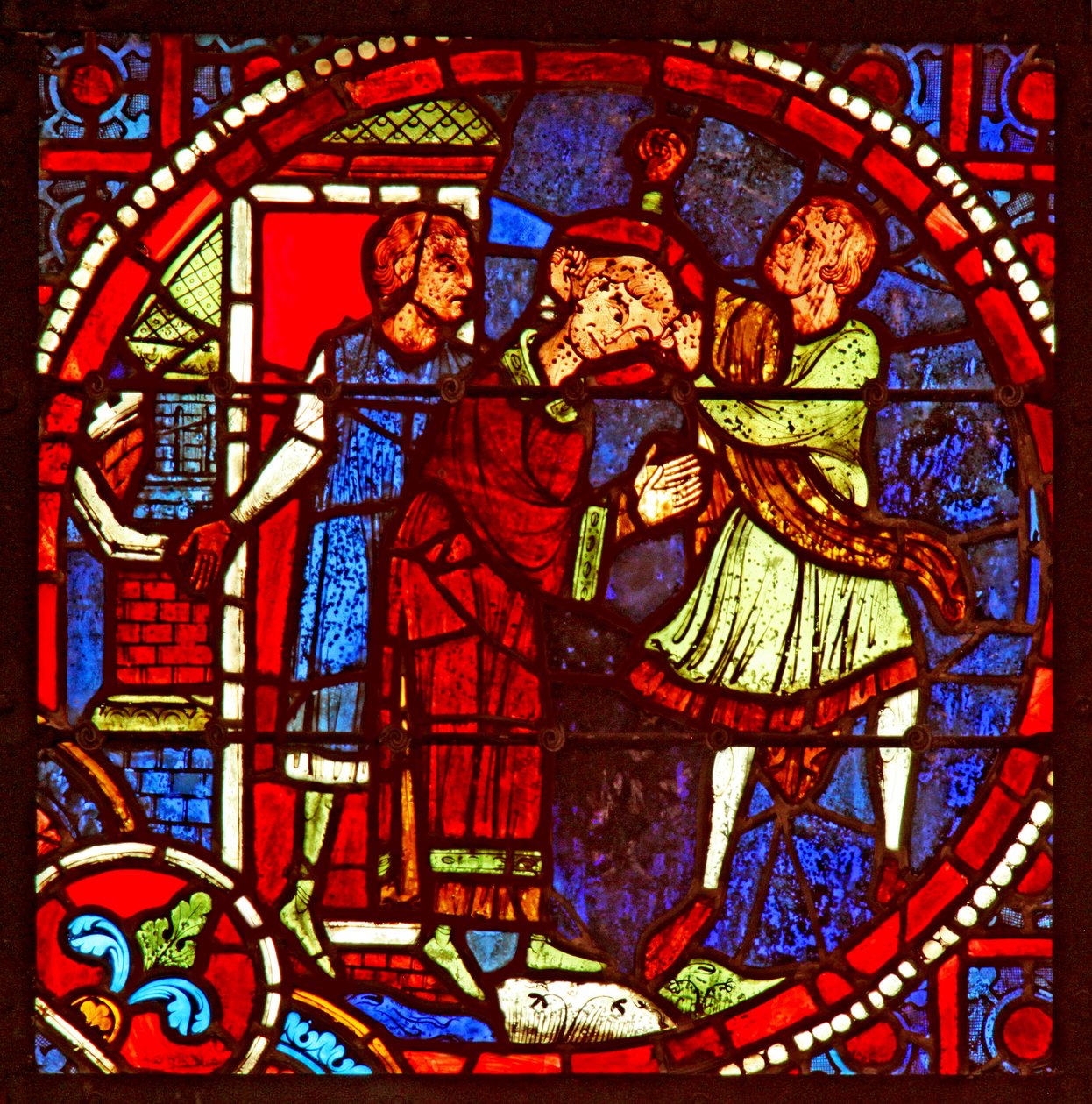 Fenster w1, Darstellung des Heiligen Stephanus, der zur Steinigung geführt wird von French School