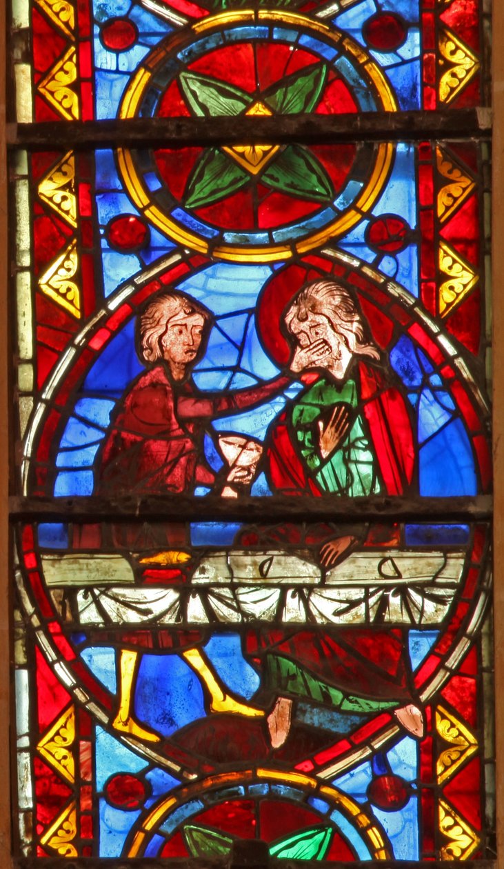 Fenster w213, Darstellung einer Szene aus dem Leben von St. Thomas: der Heilige bei einem Hochzeitsbankett für die Tochter des Königs von Indien wird von einem Mundschenk geohrfeigt von French School