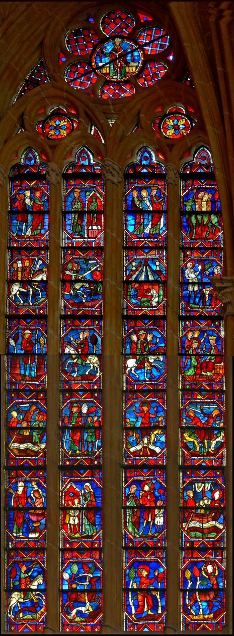 Fenster w214, Darstellung von Szenen aus dem Leben von St. Eustache von French School
