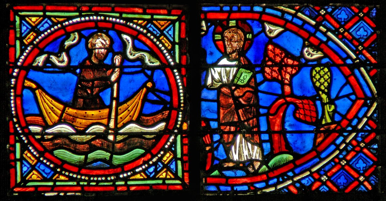 Fenster w23, Darstellung von St. Julian Hospitalier, der Christus jede Nacht auf der anderen Seite des Flusses trifft von French School