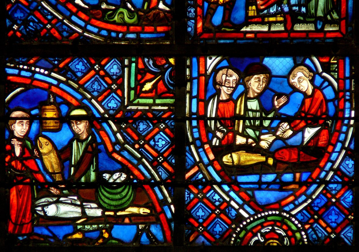 Fenster w23, Darstellung von Stiftern - die Fischhändler von French School