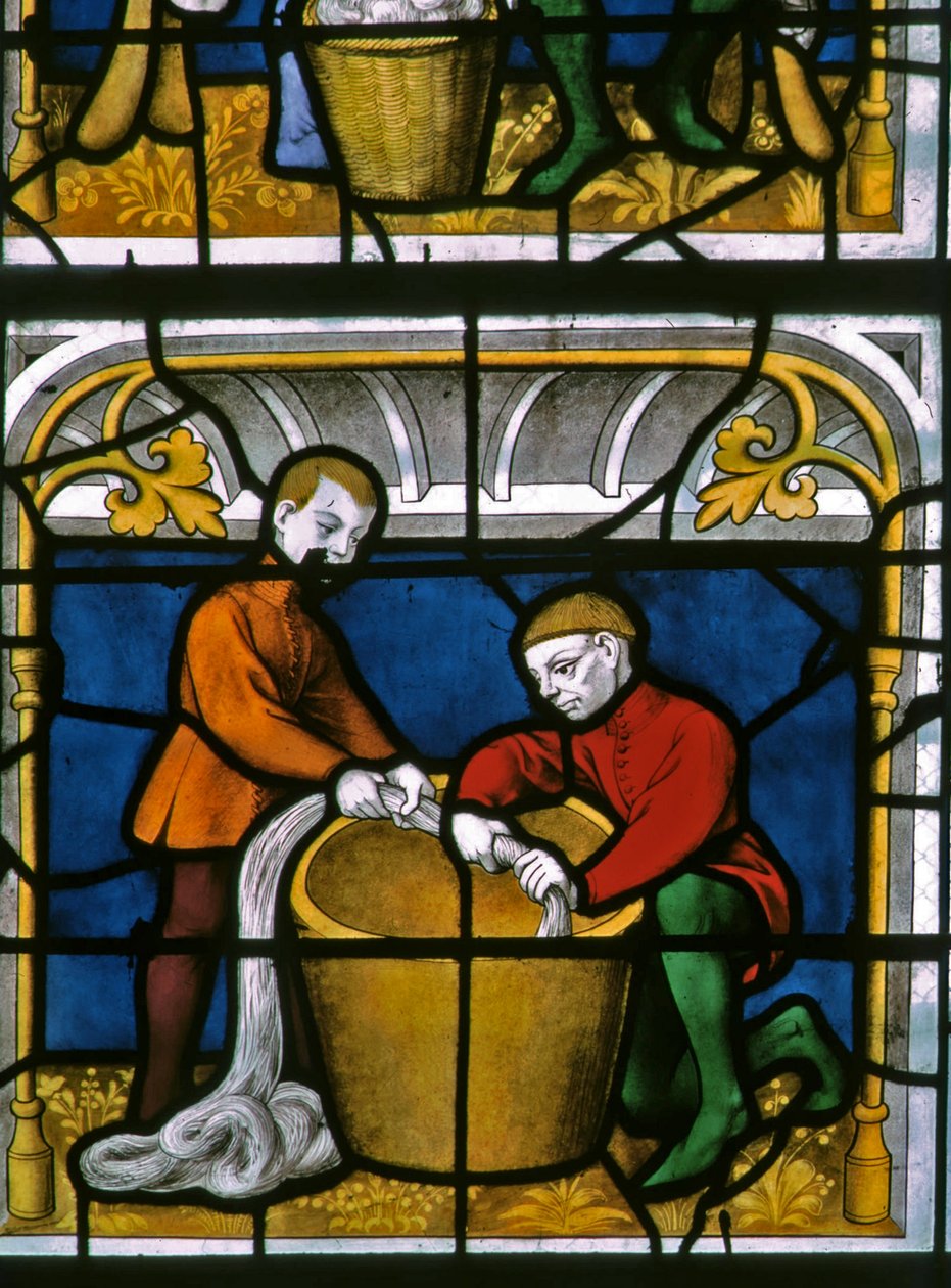 Fenster w25 zeigt einen Tuchhändler bei der Arbeit im Tuchhändlerfenster von French School