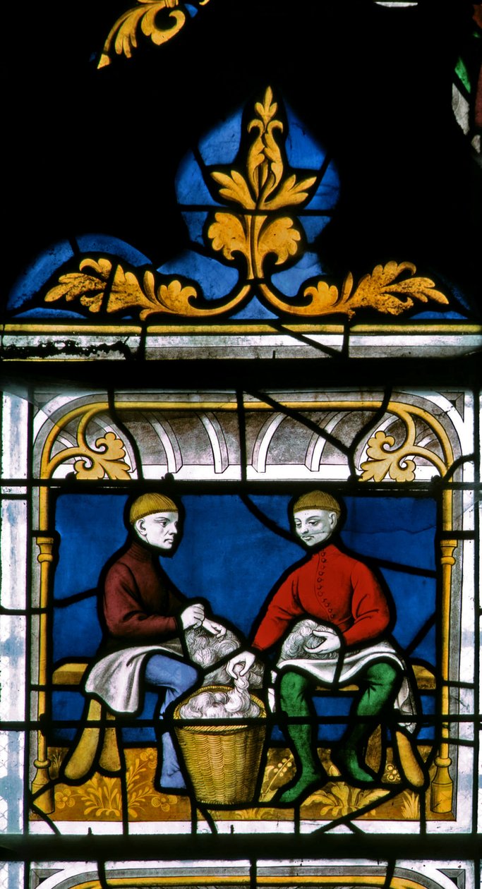 Fenster w25 zeigt einen Tuchhändler bei der Arbeit im Tuchhändlerfenster von French School