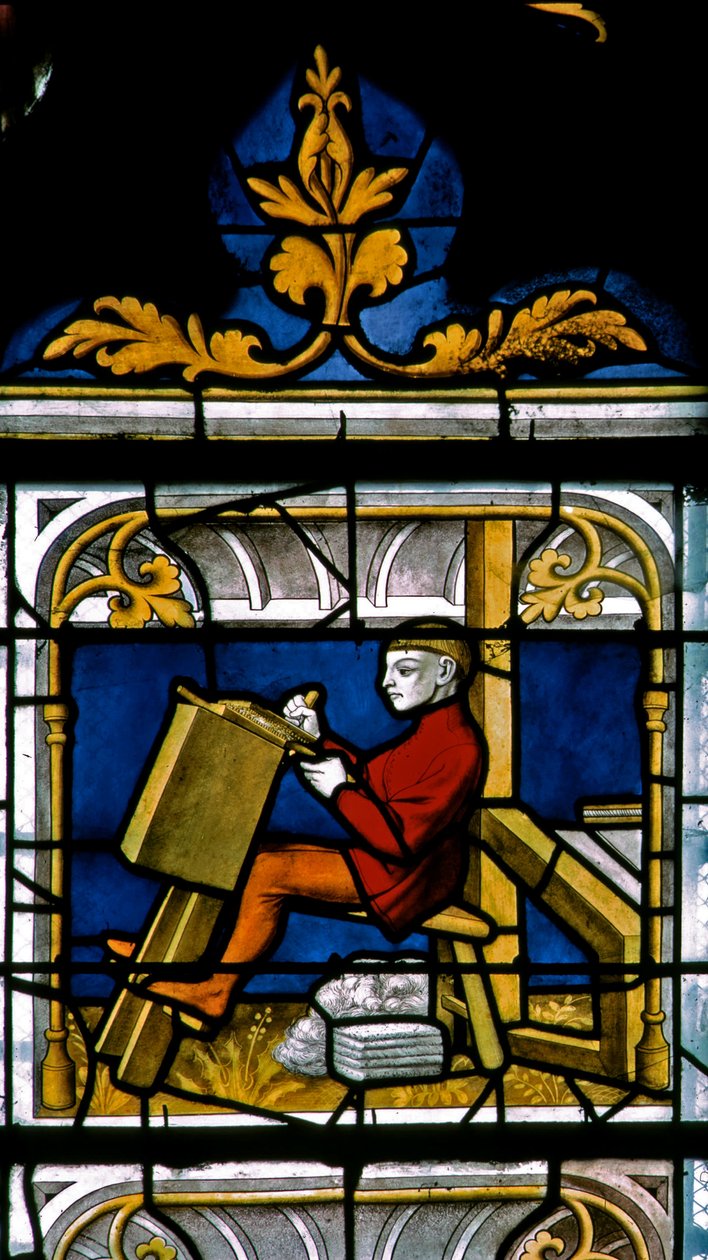 Fenster w25 zeigt einen Tuchhändler bei der Arbeit im Tuchhändlerfenster von French School