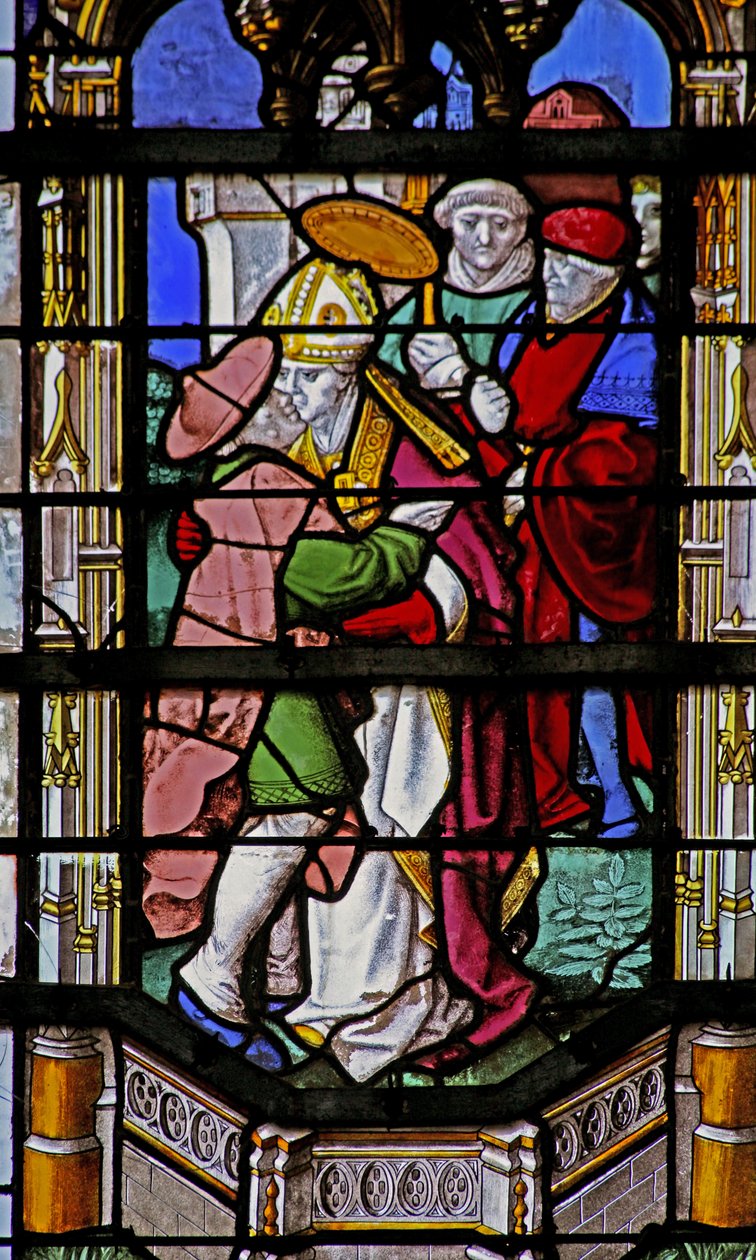 Fenster w27 mit Darstellung des Heiligen Martin, der einen Aussätzigen küsst von French School