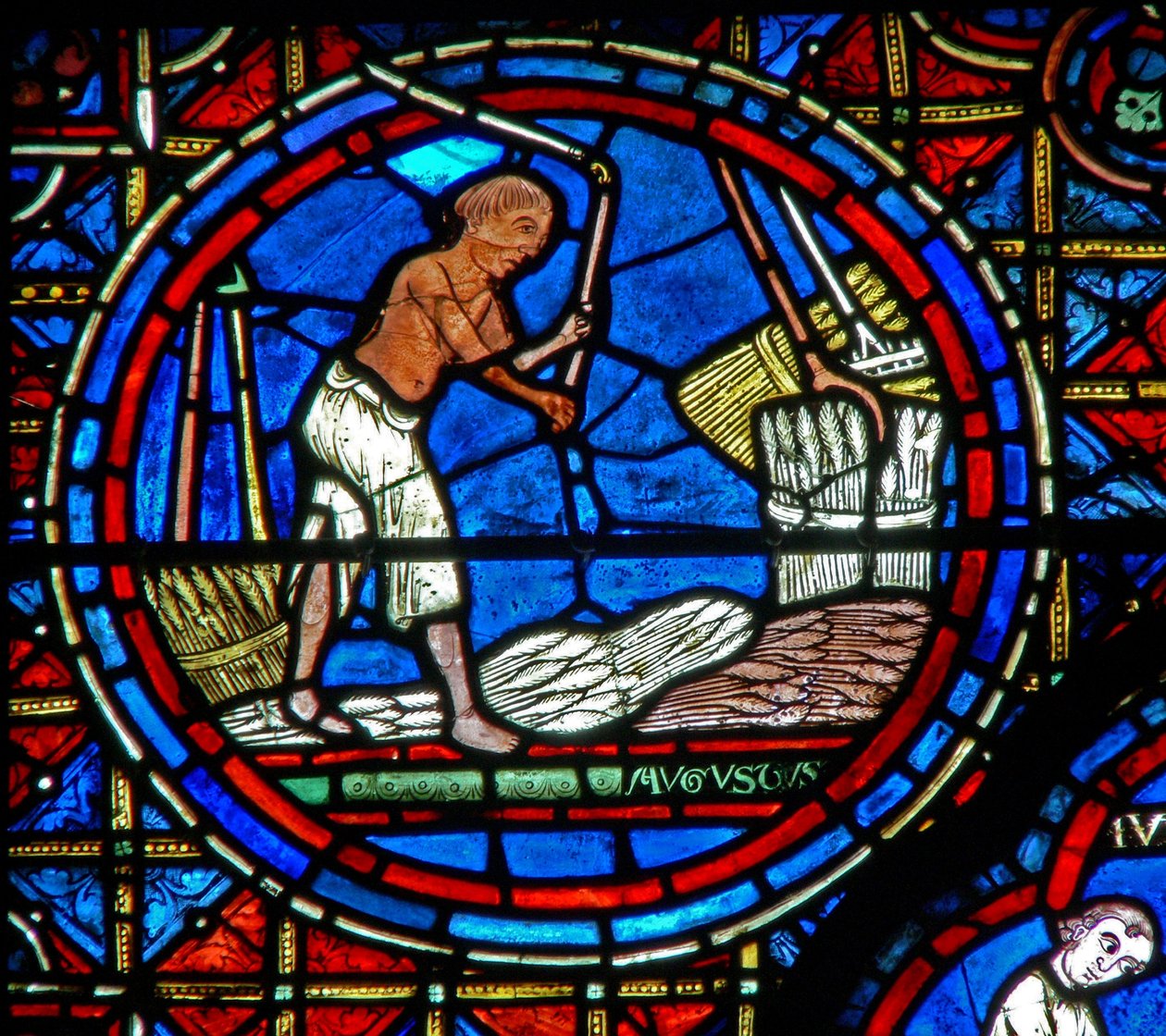 Fenster w28a mit den Monatsarbeiten. August von French School