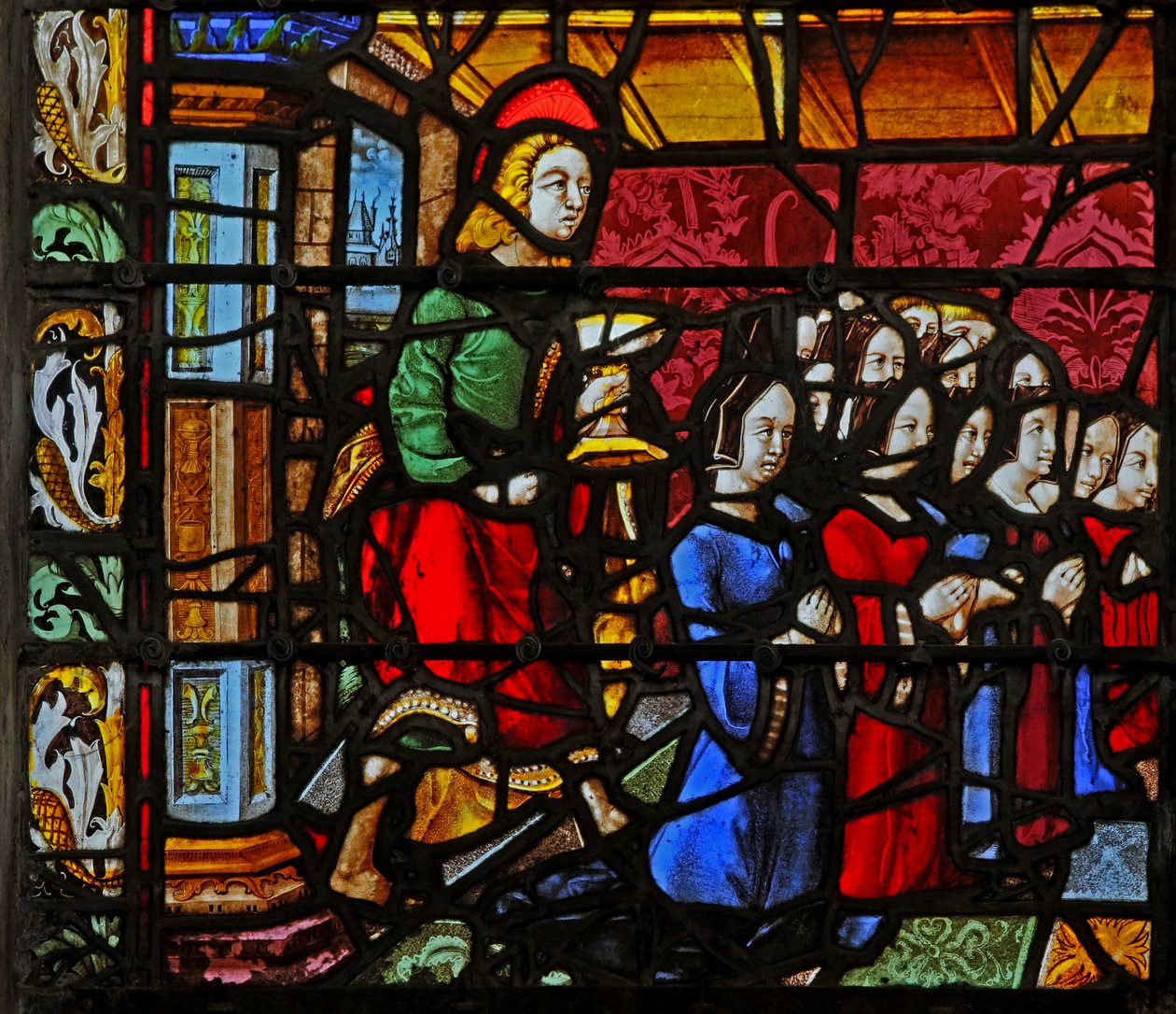 Fenster w2, der heilige Johannes mit den Stiftern und (vielen!) Töchtern darstellend von French School
