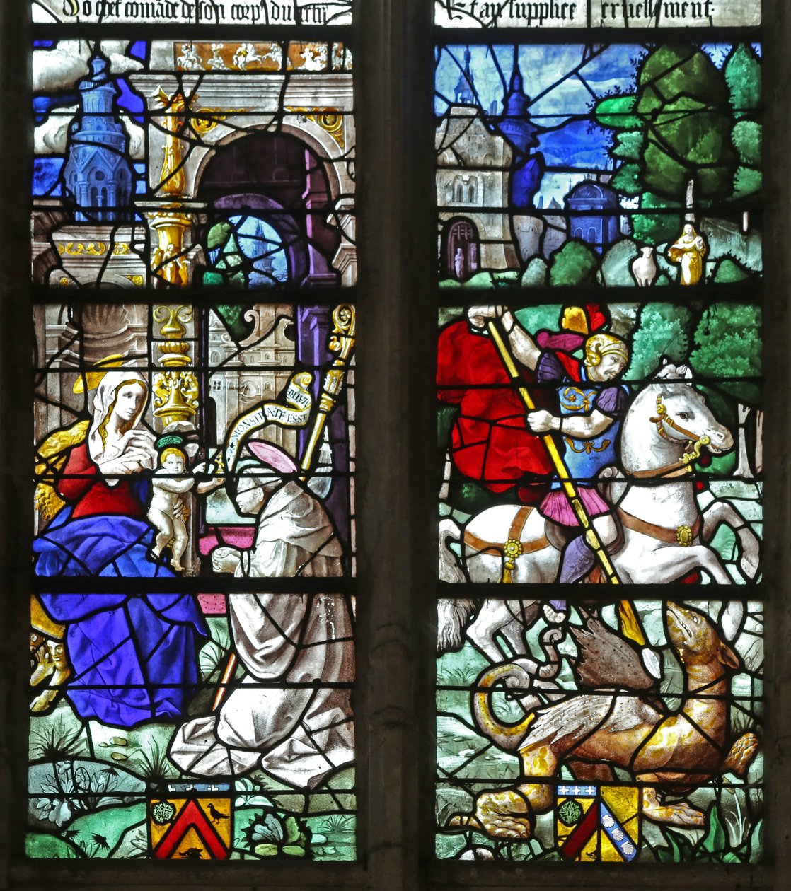 Fenster w2, ein Stifterbischof vor der Jungfrau und dem Kind; St. Georg von French School