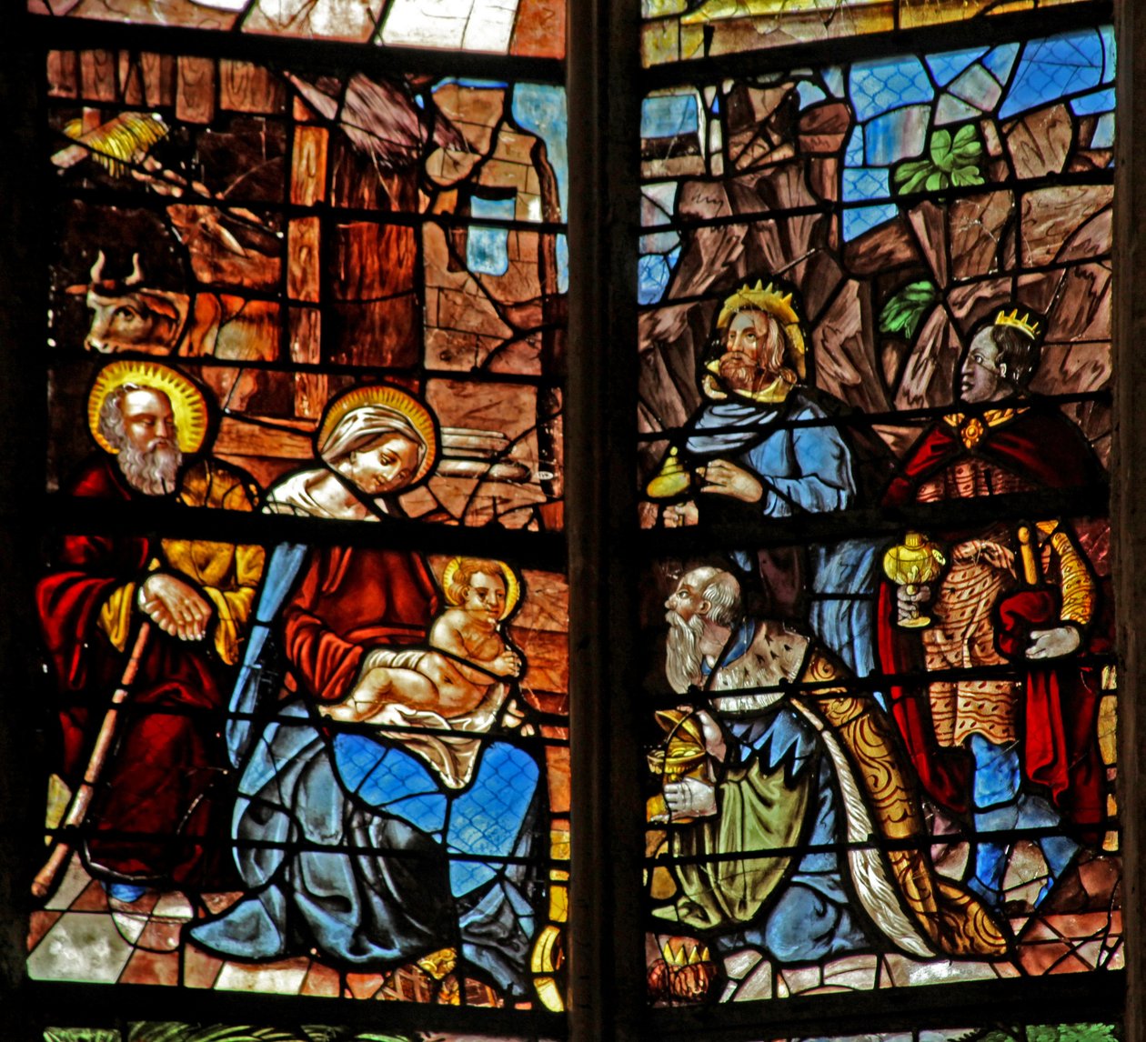 Fenster w2 zeigt die Anbetung der Heiligen Drei Könige von French School