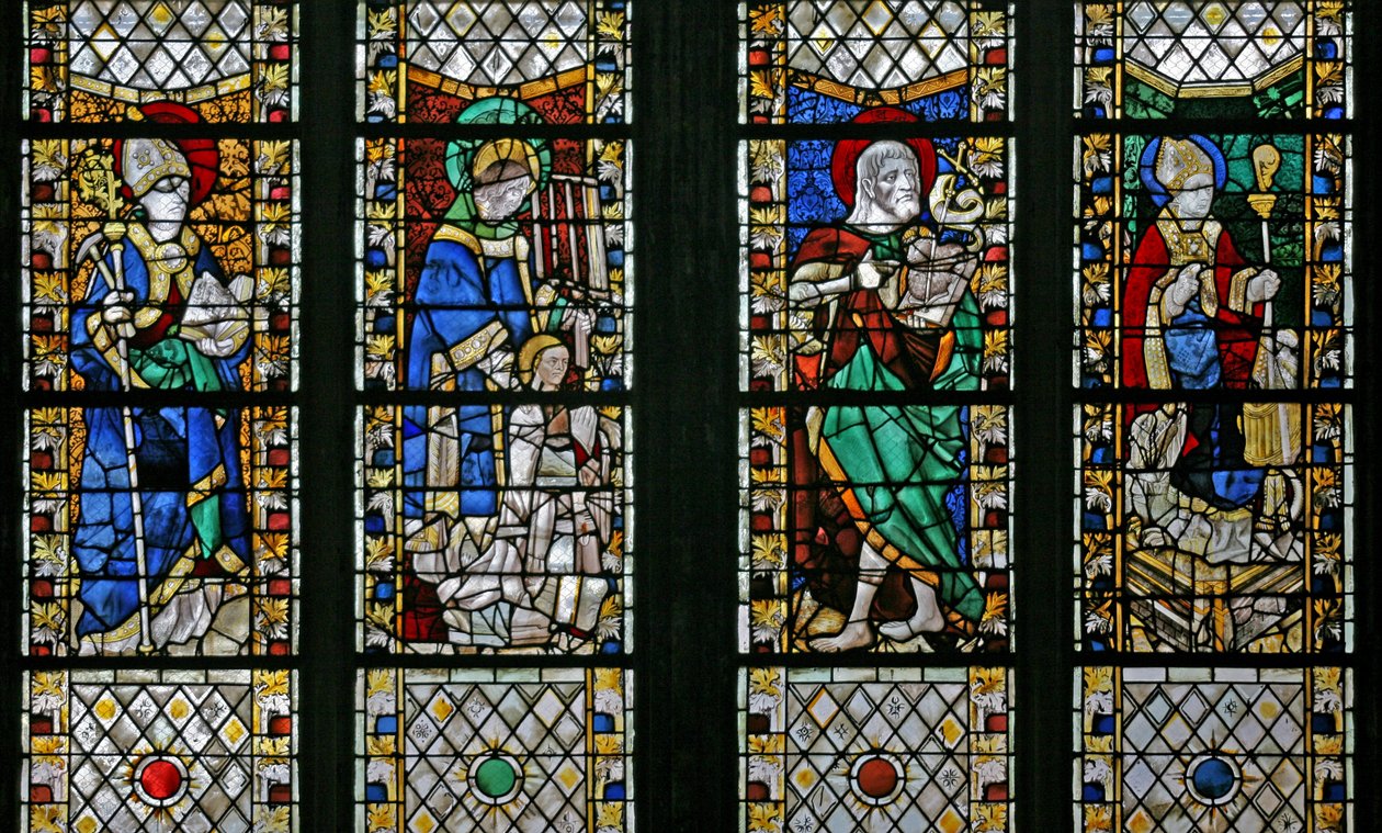Fenster w47, Darstellung von St. Eloi, St. Laurentius, St. Johannes der Täufer und St. Nikolaus von French School